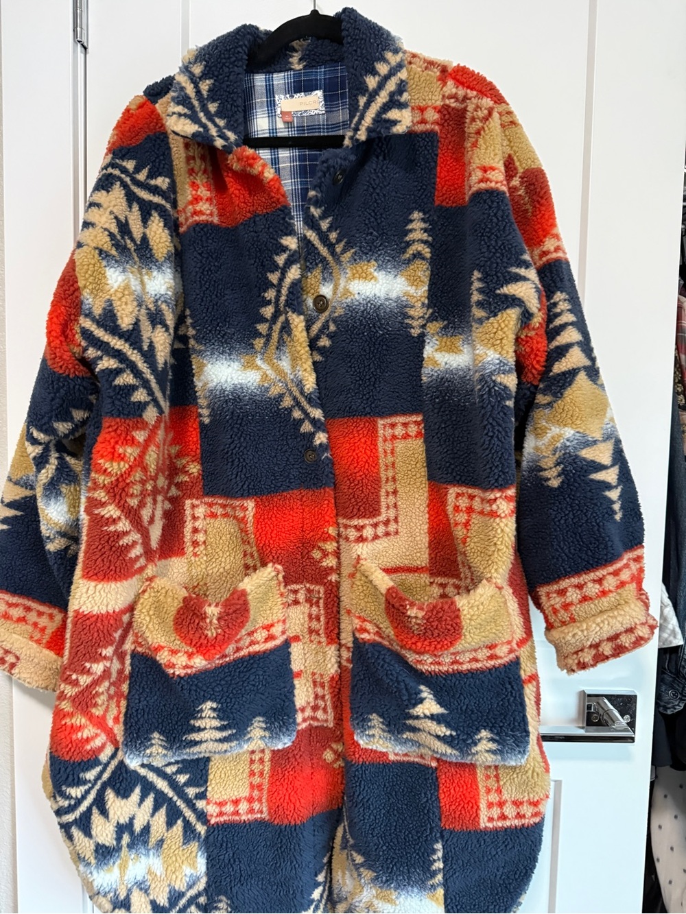 Pilcro Patterned Sherpa Coat in Navy, Red & Tan
